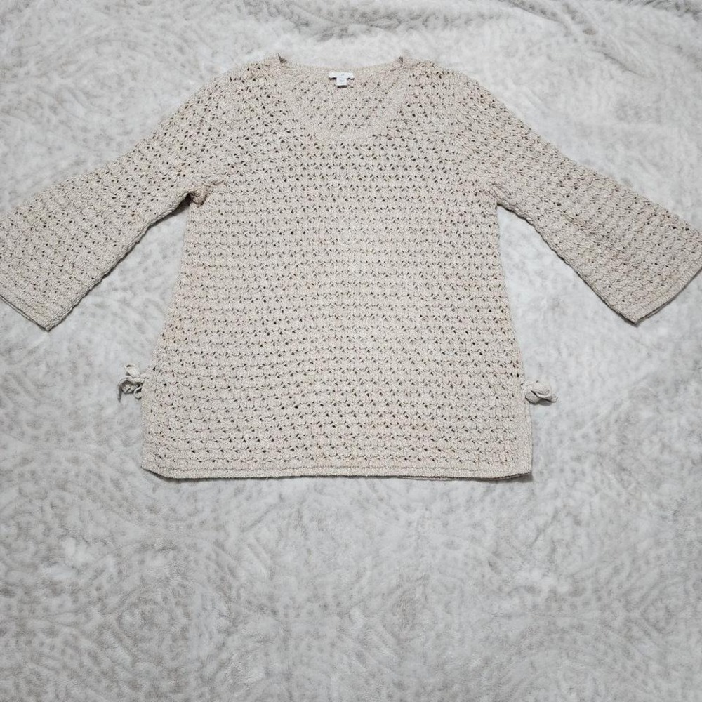 J Jill Top Women's Sz M Open Knit Crochet Tunic Boho 3/4 Bell Sleeve Granola